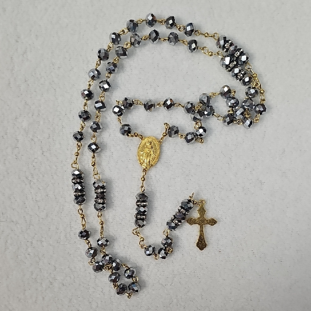 Gold-Plated Rosary Necklace with Faceted Hematite Beads - Women Jewelry